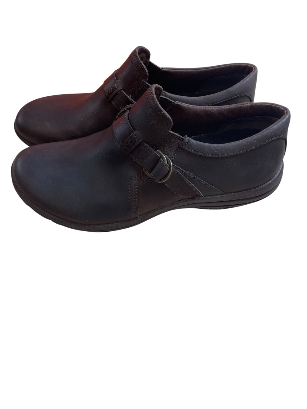 MERRELL Dassie Stitch Brown Leather sz8.5 Slip On Shoe J31332 Buckle Detail